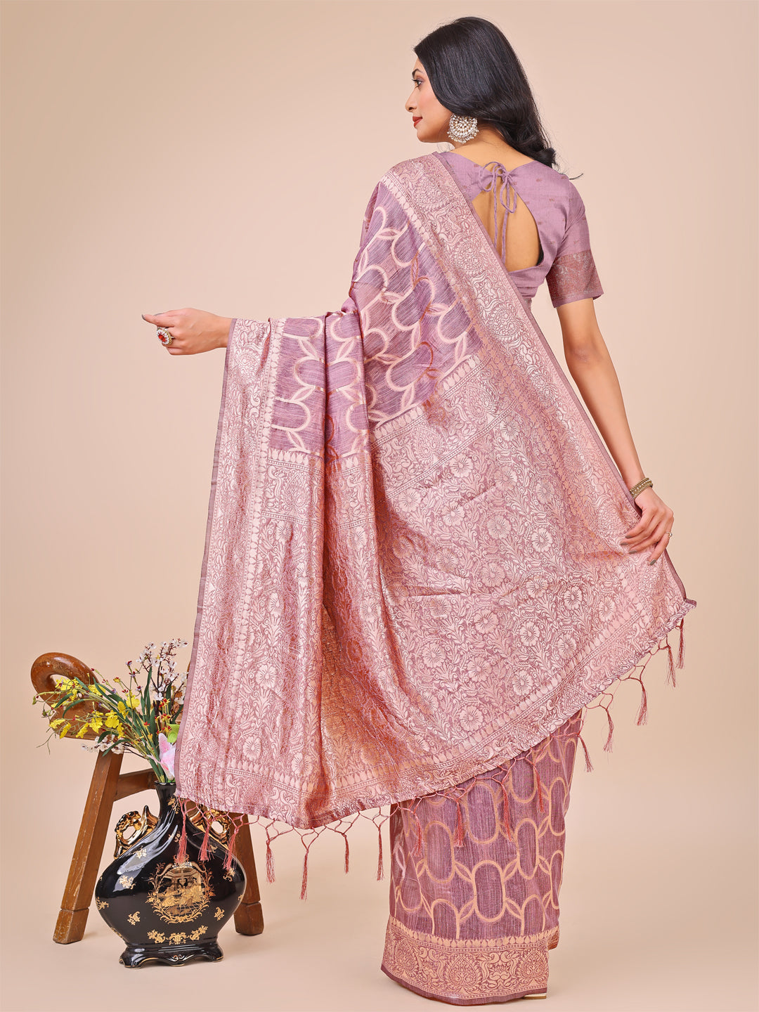 Shree Shyam Fashion Elegant Purple Linen Cotton Saree with Silver Zari Border & Geometric Weave - Daily,Office & Festive Wear | Grocsy