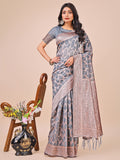 Shree Shyam Fashion Elegant Grey Linen Cotton Saree with Silver Zari Border & Geometric Weave - Daily,Office & Festive Wear | Grocsy