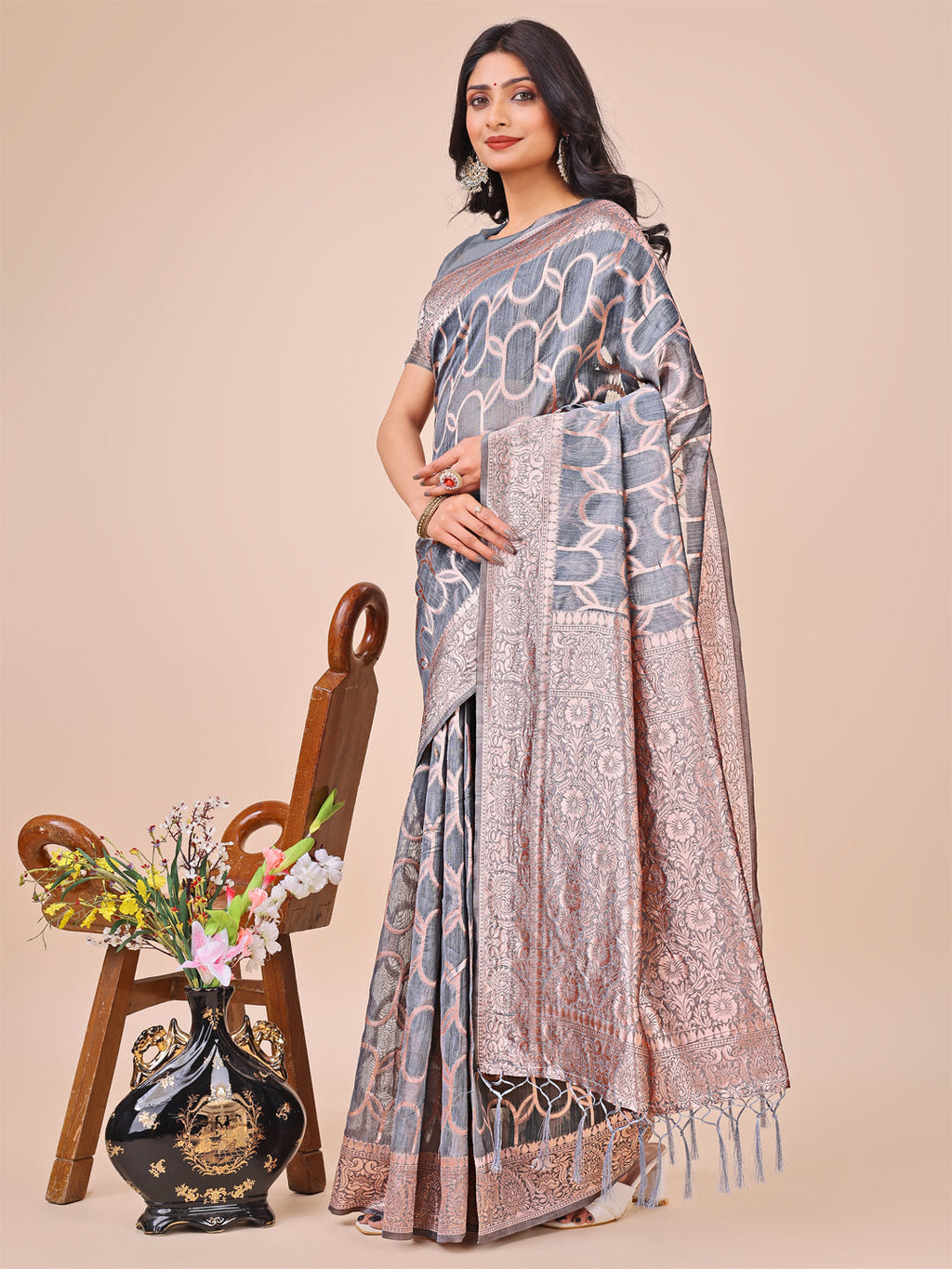 Shree Shyam Fashion Elegant Grey Linen Cotton Saree with Silver Zari Border & Geometric Weave - Daily,Office & Festive Wear | Grocsy