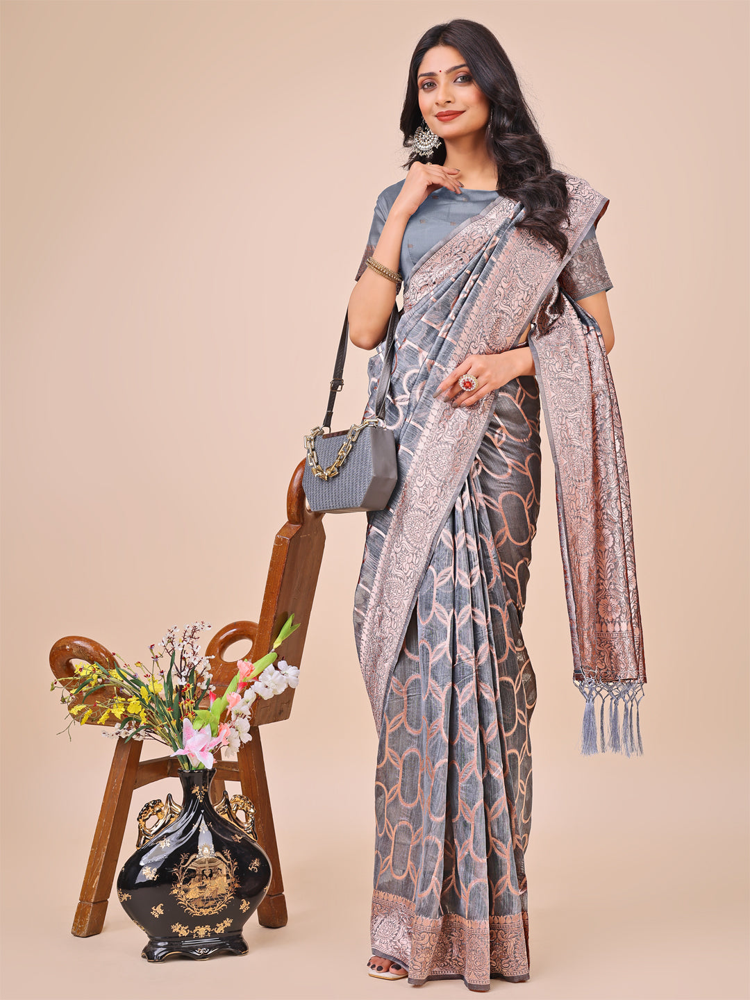 Shree Shyam Fashion Elegant Grey Linen Cotton Saree with Silver Zari Border & Geometric Weave - Daily,Office & Festive Wear | Grocsy