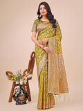 Shree Shyam Fashion Elegant Olive Green Linen Cotton Saree with Silver Zari Border & Geometric Weave - Daily,Office & Festive Wear | Grocsy