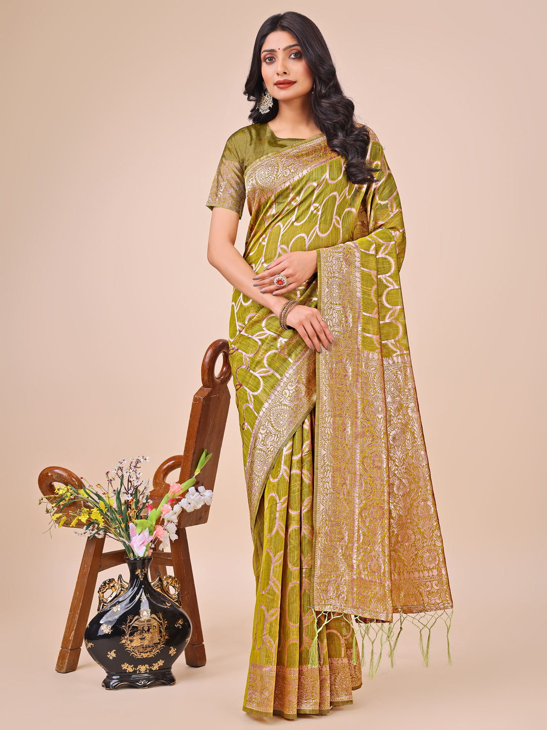 Shree Shyam Fashion Elegant Olive Green Linen Cotton Saree with Silver Zari Border & Geometric Weave - Daily,Office & Festive Wear | Grocsy
