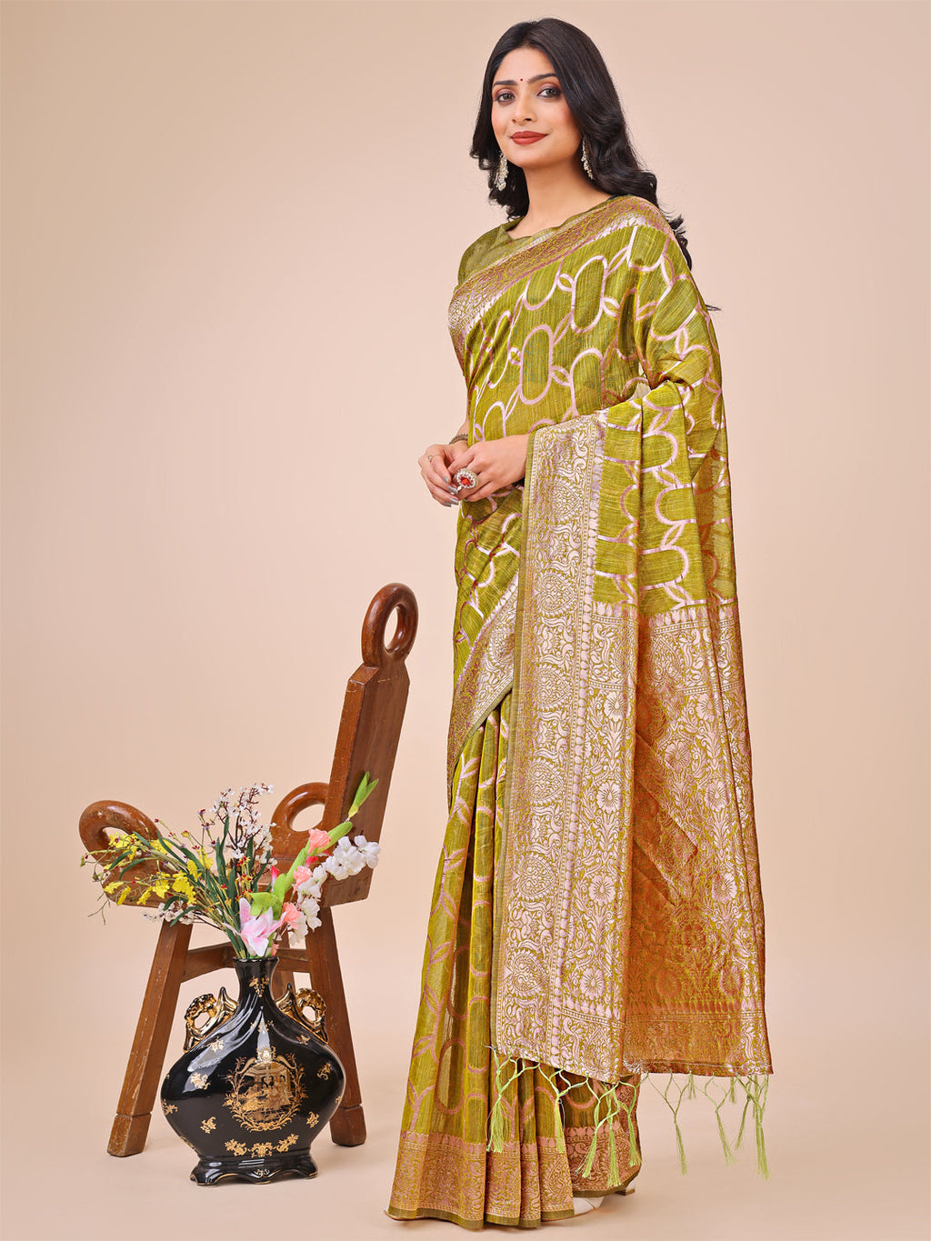 Shree Shyam Fashion Elegant Olive Green Linen Cotton Saree with Silver Zari Border & Geometric Weave - Daily,Office & Festive Wear | Grocsy