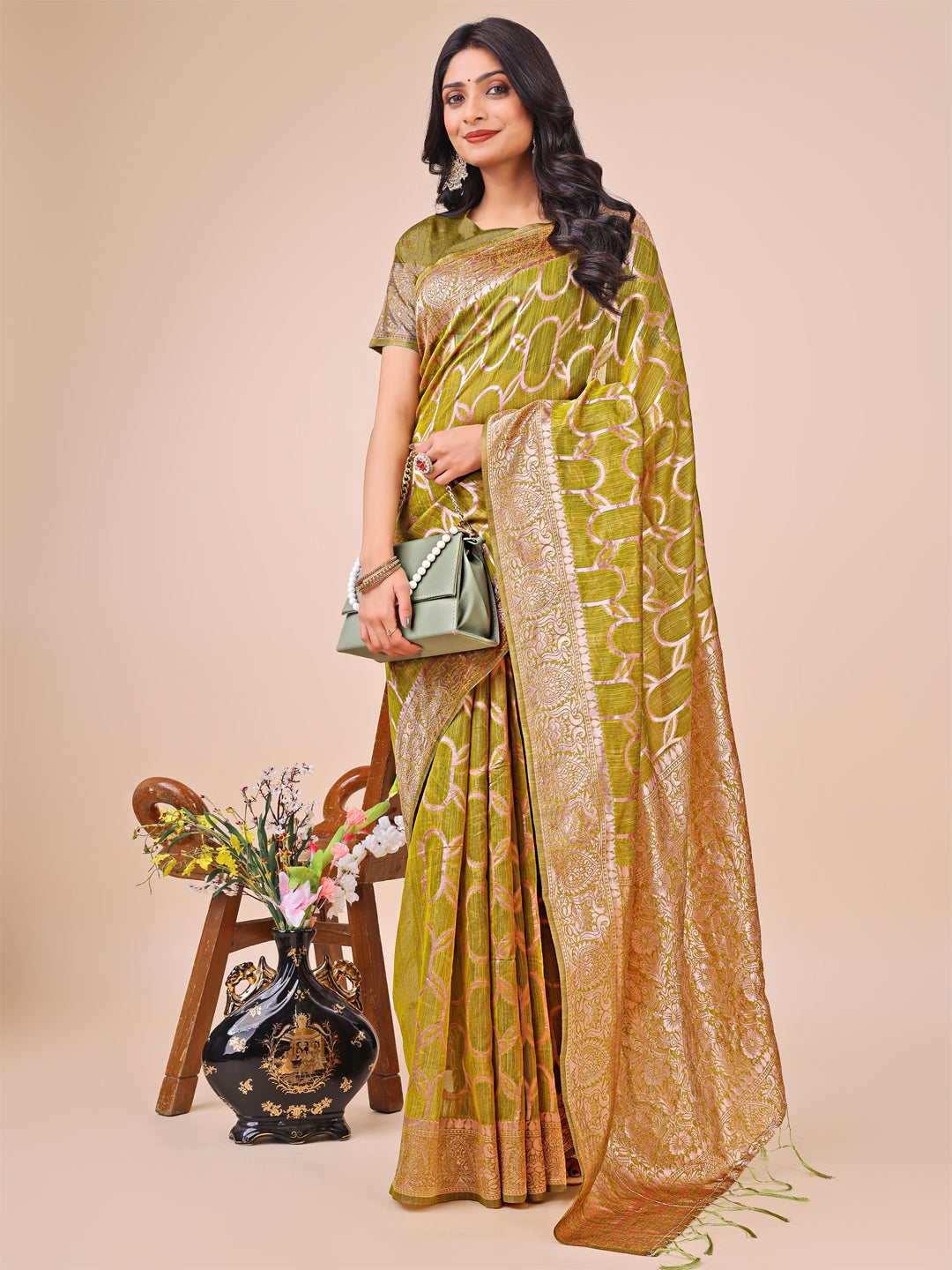 Shree Shyam Fashion Elegant Olive Green Linen Cotton Saree with Silver Zari Border & Geometric Weave - Daily,Office & Festive Wear | Grocsy