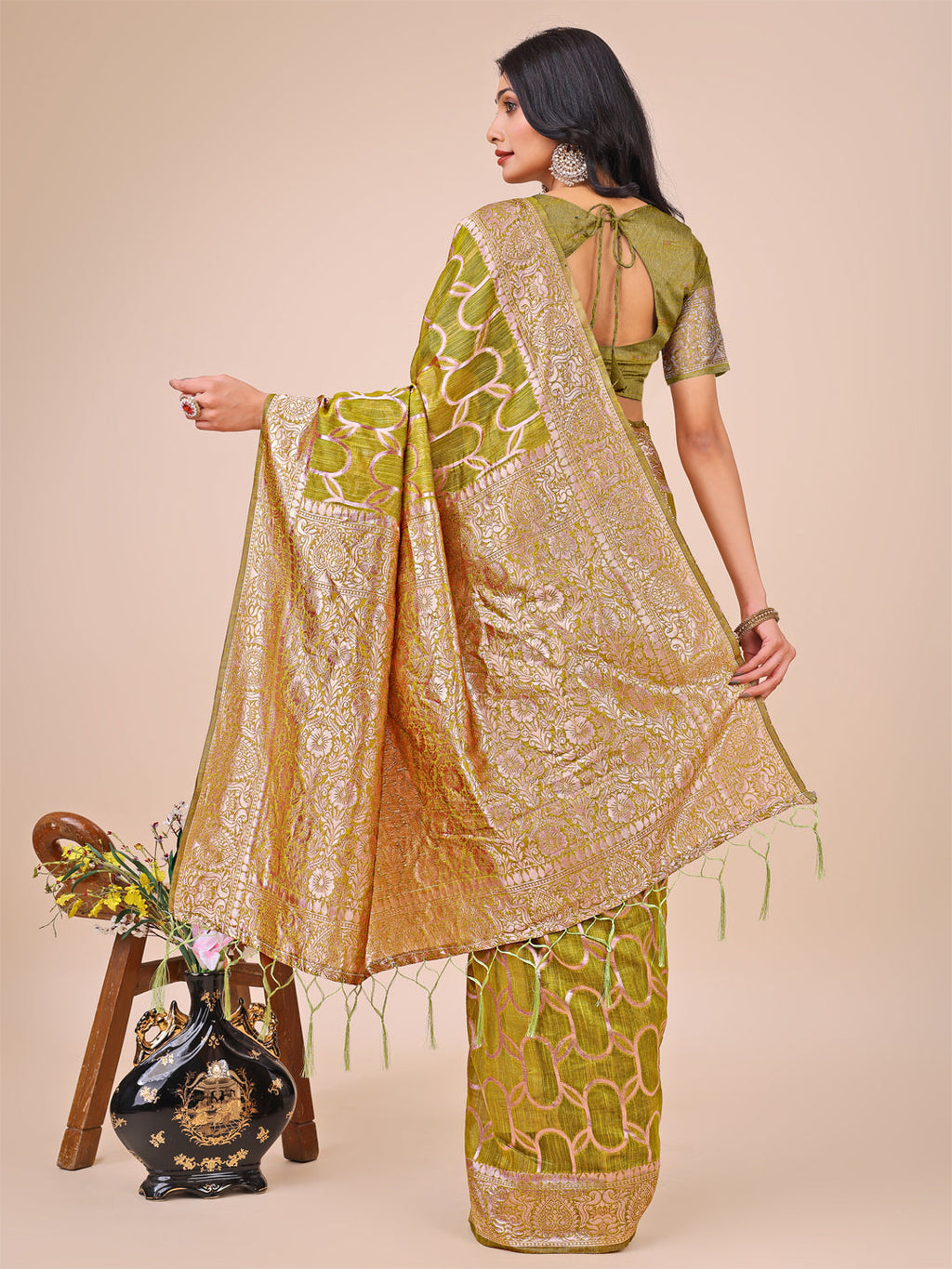 Shree Shyam Fashion Elegant Olive Green Linen Cotton Saree with Silver Zari Border & Geometric Weave - Daily,Office & Festive Wear | Grocsy