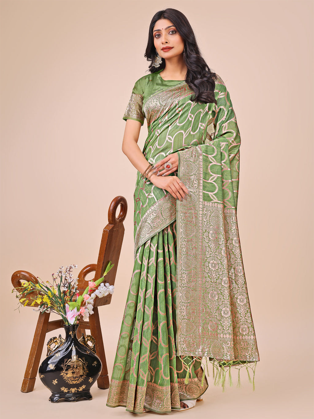 Shree Shyam Fashion Elegant Green Linen Cotton Saree with Silver Zari Border & Geometric Weave - Daily,Office & Festive Wear | Grocsy