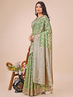 Shree Shyam Fashion Elegant Green Linen Cotton Saree with Silver Zari Border & Geometric Weave - Daily,Office & Festive Wear | Grocsy