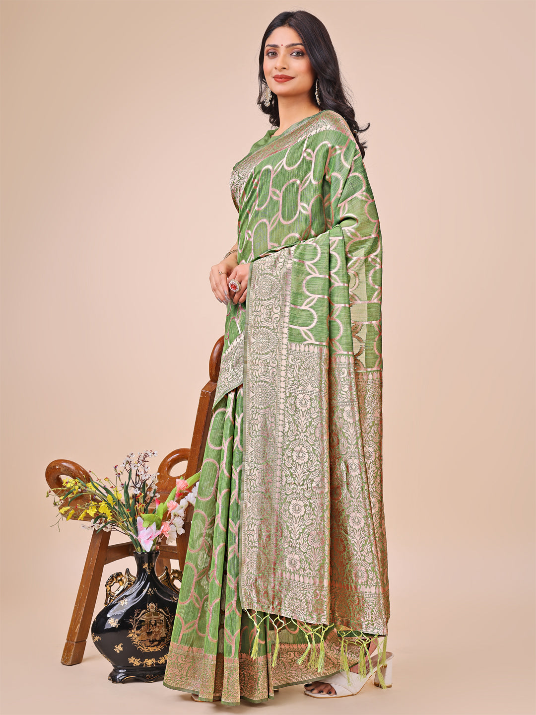 Shree Shyam Fashion Elegant Green Linen Cotton Saree with Silver Zari Border & Geometric Weave - Daily,Office & Festive Wear | Grocsy
