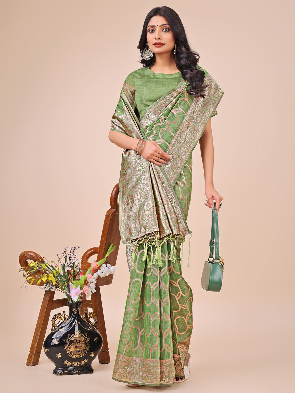 Shree Shyam Fashion Elegant Green Linen Cotton Saree with Silver Zari Border & Geometric Weave - Daily,Office & Festive Wear | Grocsy