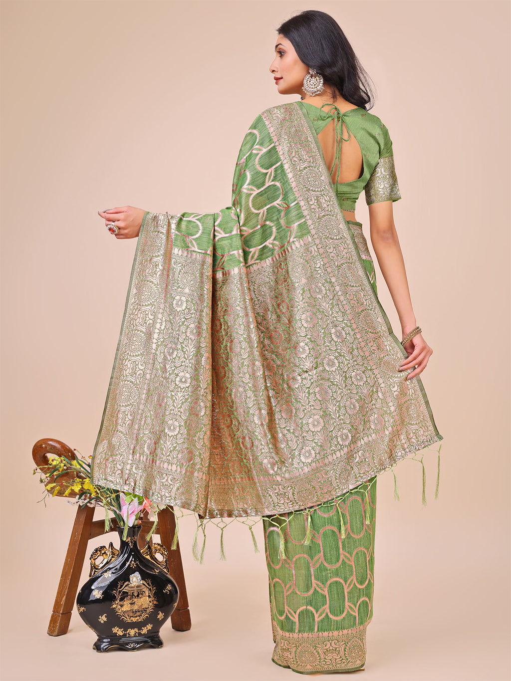 Shree Shyam Fashion Elegant Green Linen Cotton Saree with Silver Zari Border & Geometric Weave - Daily,Office & Festive Wear | Grocsy