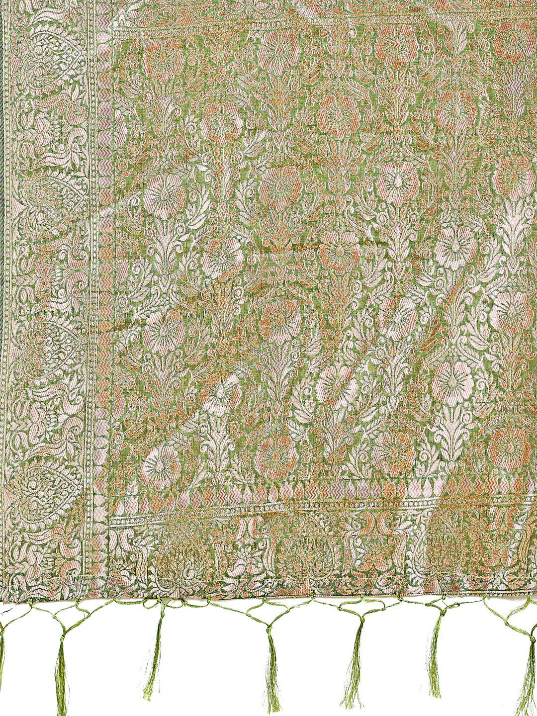 Shree Shyam Fashion Elegant Green Linen Cotton Saree with Silver Zari Border & Geometric Weave - Daily,Office & Festive Wear | Grocsy