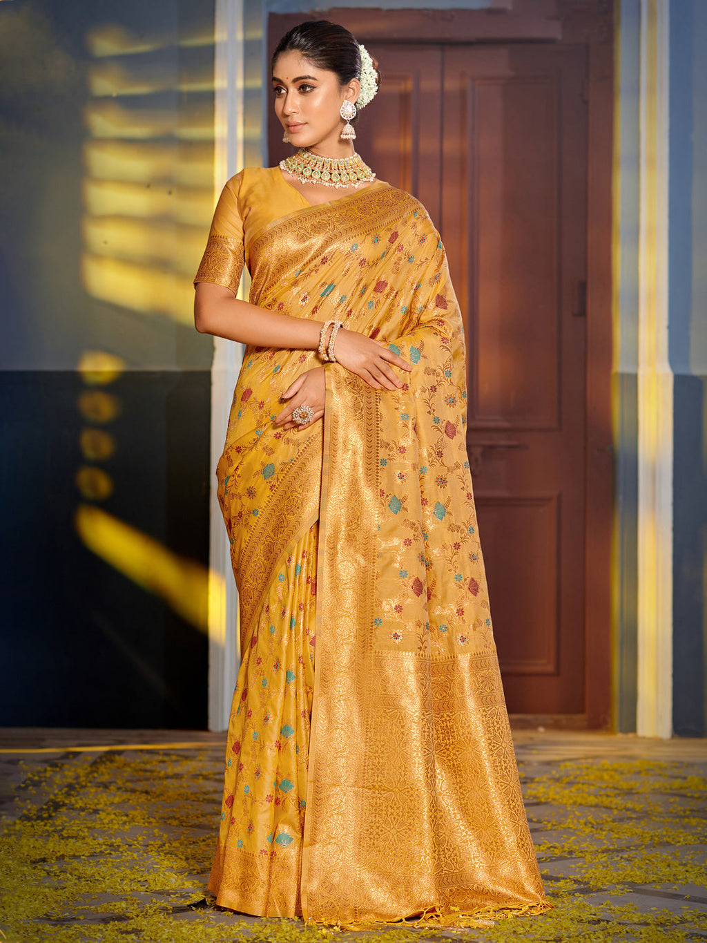 Shree Shyam Fashion Graceful Yellow Banarasi Silk Saree with Golden Zari Woven Border & Floral Jaal - Wedding & Festive Wear | Grocsy