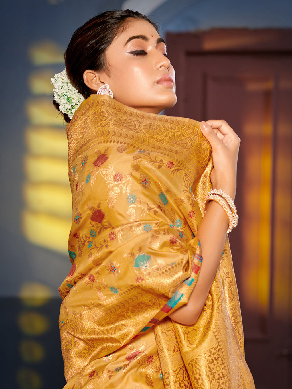Shree Shyam Fashion Graceful Yellow Banarasi Silk Saree with Golden Zari Woven Border & Floral Jaal - Wedding & Festive Wear | Grocsy