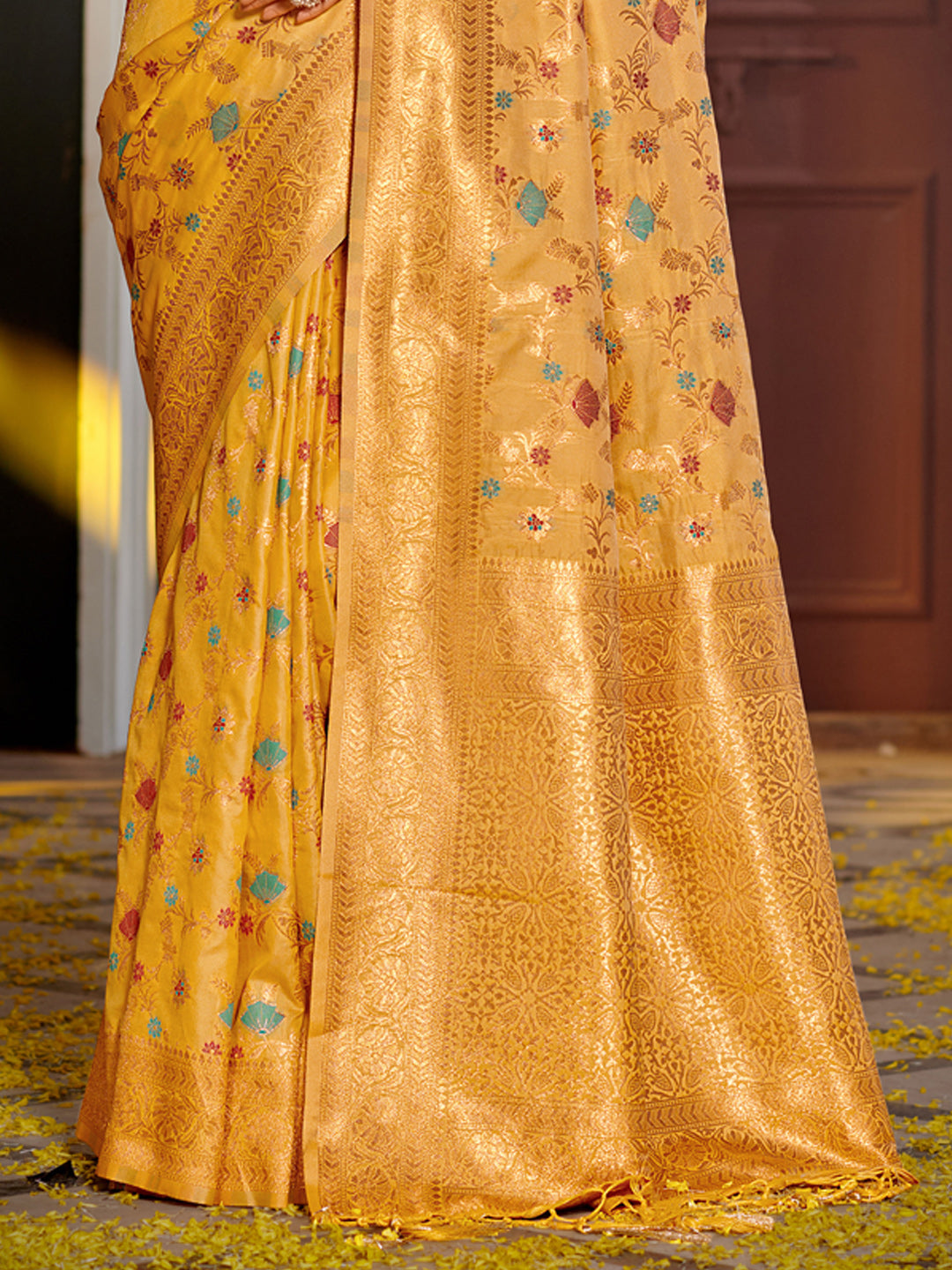 Shree Shyam Fashion Graceful Yellow Banarasi Silk Saree with Golden Zari Woven Border & Floral Jaal - Wedding & Festive Wear | Grocsy