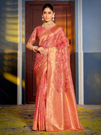 Shree Shyam Fashion Graceful Peach Banarasi Silk Saree with Golden Zari Woven Border & Floral Jaal - Wedding & Festive Wear | Grocsy