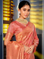 Shree Shyam Fashion Graceful Peach Banarasi Silk Saree with Golden Zari Woven Border & Floral Jaal - Wedding & Festive Wear | Grocsy
