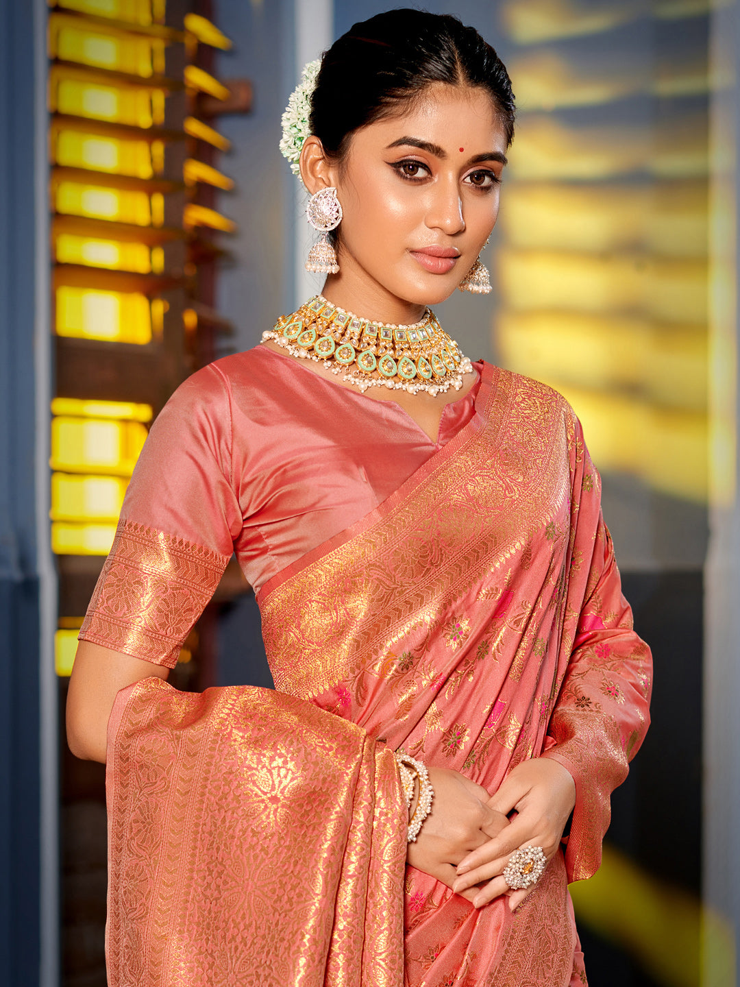 Shree Shyam Fashion Graceful Peach Banarasi Silk Saree with Golden Zari Woven Border & Floral Jaal - Wedding & Festive Wear | Grocsy