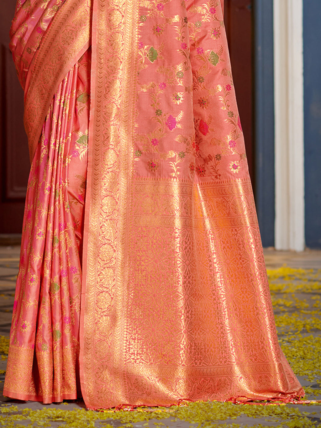 Shree Shyam Fashion Graceful Peach Banarasi Silk Saree with Golden Zari Woven Border & Floral Jaal - Wedding & Festive Wear | Grocsy