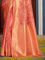 Shree Shyam Fashion Graceful Peach Banarasi Silk Saree with Golden Zari Woven Border & Floral Jaal - Wedding & Festive Wear | Grocsy