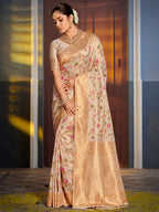 Shree Shyam Fashion Graceful White Banarasi Silk Saree with Golden Zari Woven Border & Floral Jaal - Wedding & Festive Wear | Grocsy
