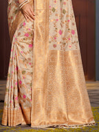 Shree Shyam Fashion Graceful White Banarasi Silk Saree with Golden Zari Woven Border & Floral Jaal - Wedding & Festive Wear | Grocsy