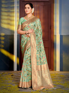 Shree Shyam Fashion Graceful Sea Green Banarasi Silk Saree with Golden Zari Woven Border & Floral Jaal - Wedding & Festive Wear | Grocsy