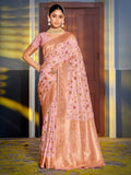 Shree Shyam Fashion Graceful Pink Banarasi Silk Saree with Golden Zari Woven Border & Floral Jaal - Wedding & Festive Wear | Grocsy