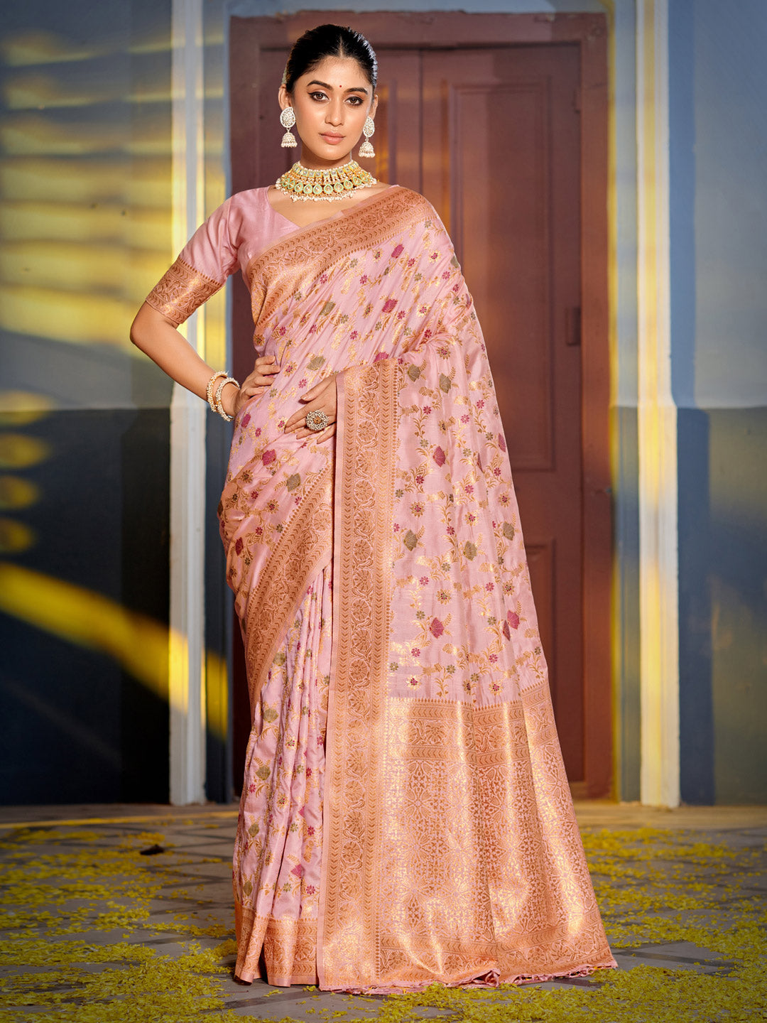 Shree Shyam Fashion Graceful Pink Banarasi Silk Saree with Golden Zari Woven Border & Floral Jaal - Wedding & Festive Wear | Grocsy