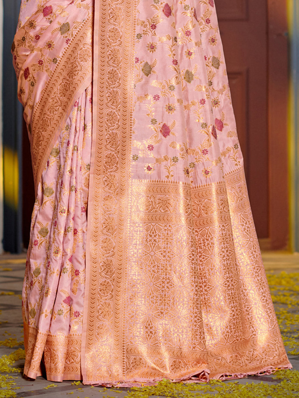 Shree Shyam Fashion Graceful Pink Banarasi Silk Saree with Golden Zari Woven Border & Floral Jaal - Wedding & Festive Wear | Grocsy