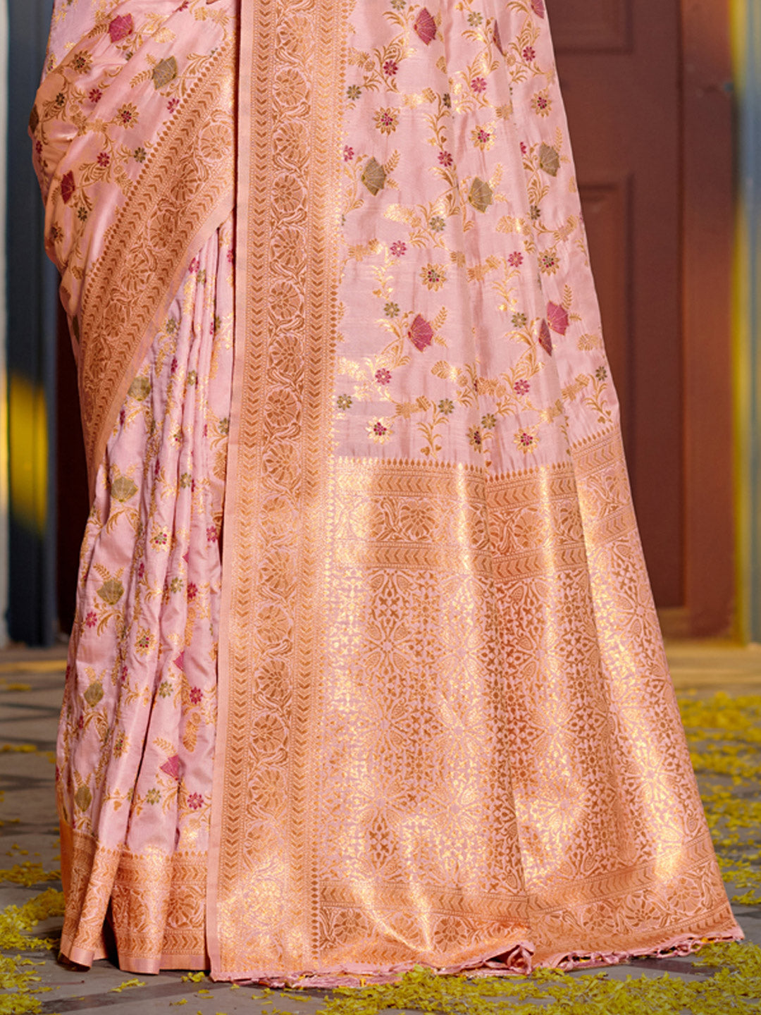 Shree Shyam Fashion Graceful Pink Banarasi Silk Saree with Golden Zari Woven Border & Floral Jaal - Wedding & Festive Wear | Grocsy