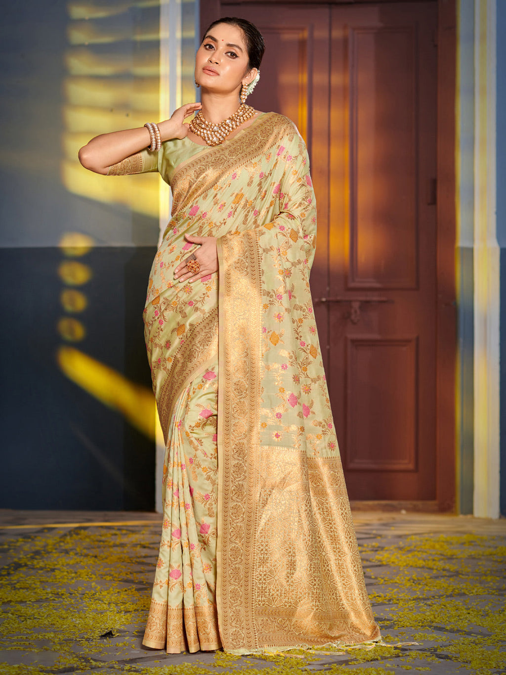 Shree Shyam Fashion Graceful Light Green Banarasi Silk Saree with Golden Zari Woven Border & Floral Jaal - Wedding & Festive Wear | Grocsy