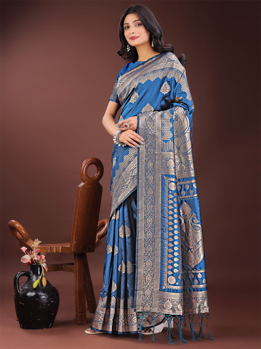 Shree Shyam Fashion Graceful Royal Blue Banarasi Silk Saree with Silver Zari - Perfect Ethnic Wear for Weddings & Festive Moments | Grocsy