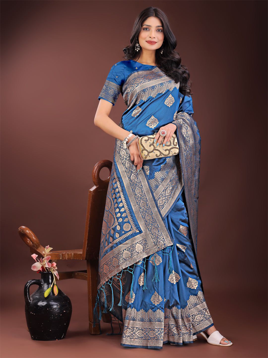 Shree Shyam Fashion Graceful Royal Blue Banarasi Silk Saree with Silver Zari - Perfect Ethnic Wear for Weddings & Festive Moments | Grocsy