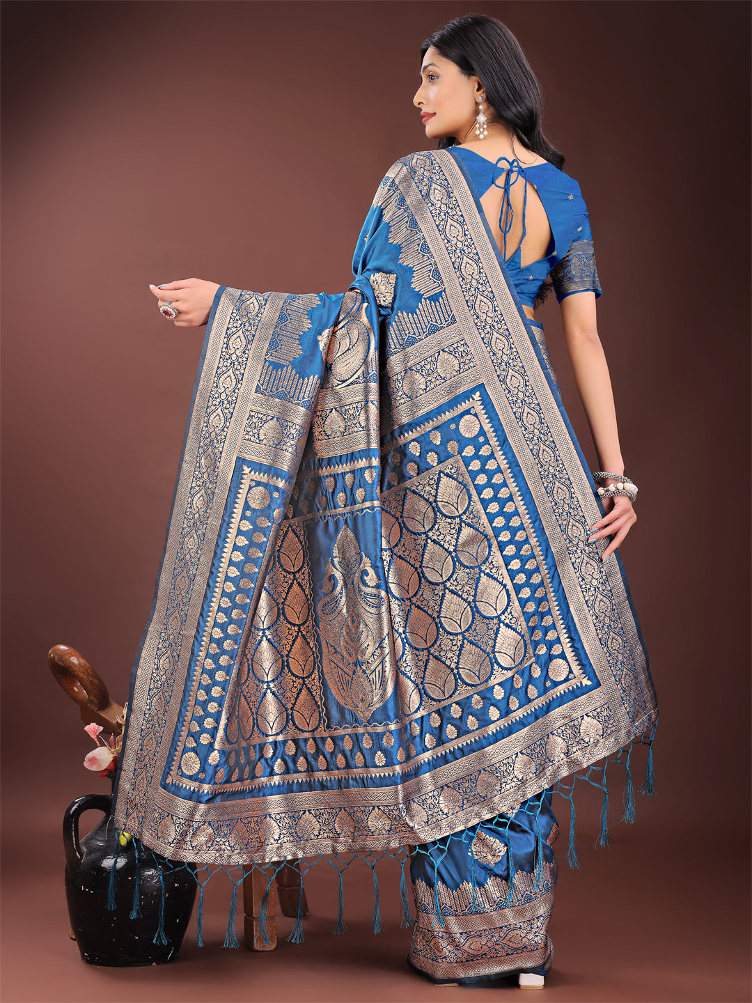 Shree Shyam Fashion Graceful Royal Blue Banarasi Silk Saree with Silver Zari - Perfect Ethnic Wear for Weddings & Festive Moments | Grocsy