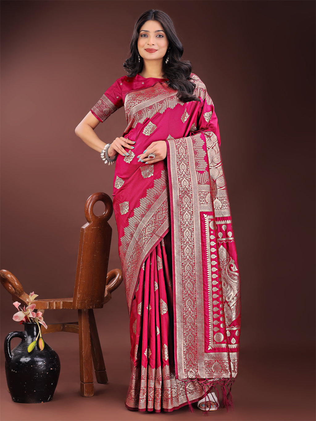Shree Shyam Fashion Graceful Magenta Banarasi Silk Saree with Silver Zari - Perfect Ethnic Wear for Weddings & Festive Moments | Grocsy