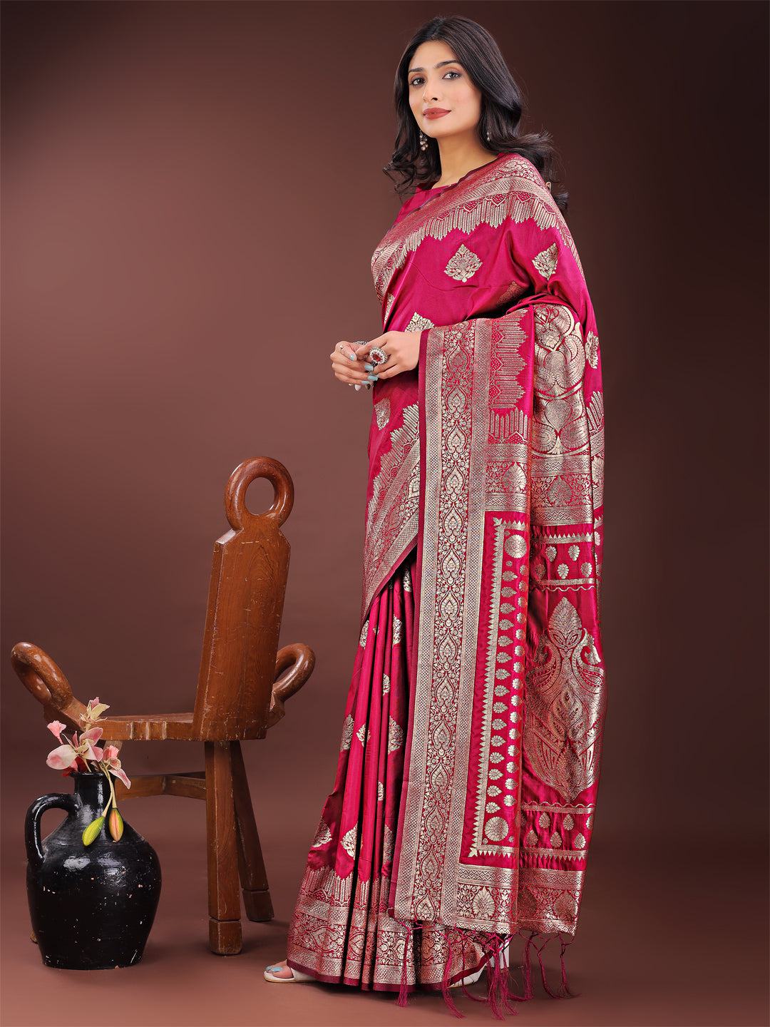 Shree Shyam Fashion Graceful Magenta Banarasi Silk Saree with Silver Zari - Perfect Ethnic Wear for Weddings & Festive Moments | Grocsy