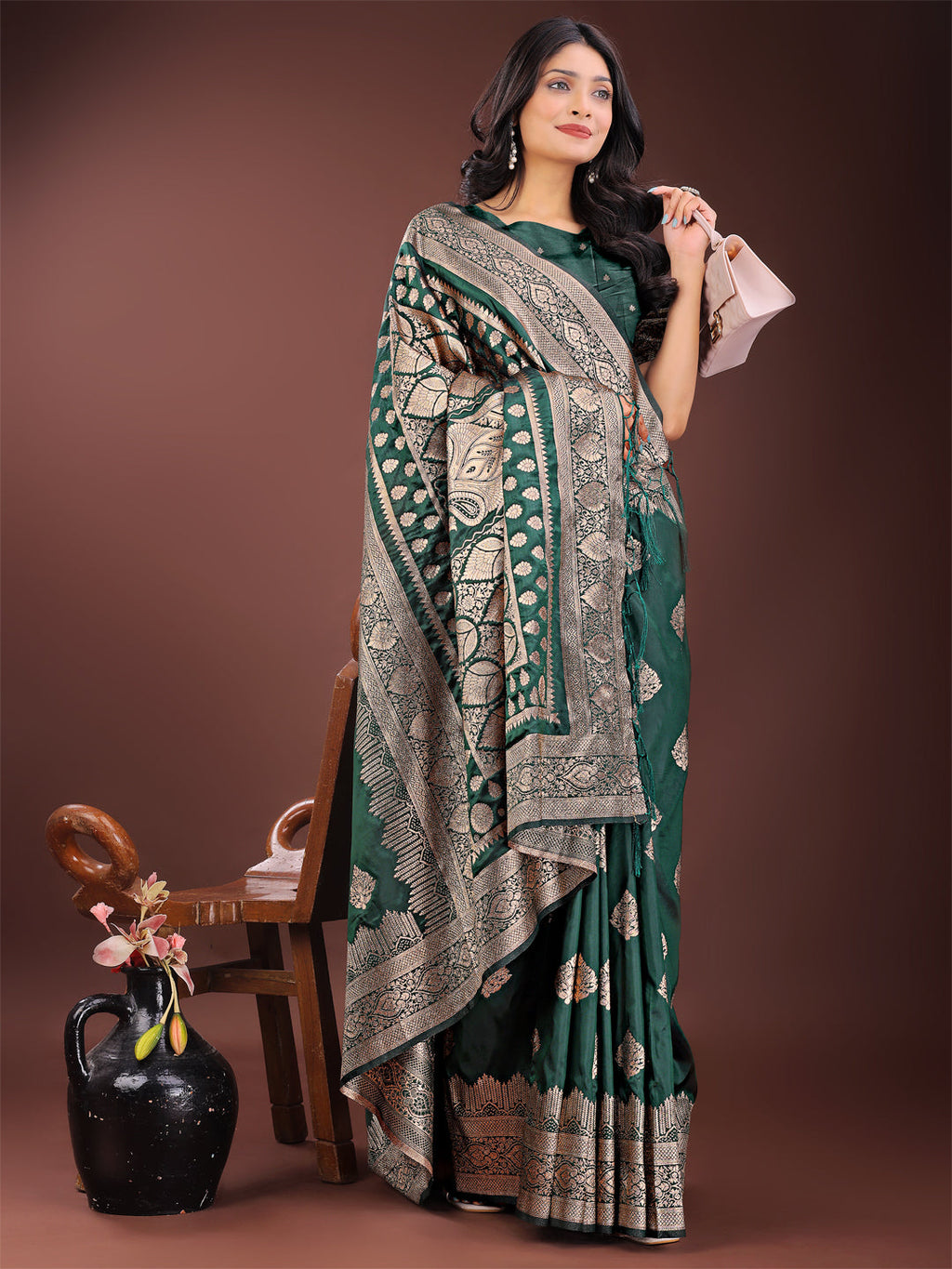 Shree Shyam Fashion Graceful Green Banarasi Silk Saree with Silver Zari - Perfect Ethnic Wear for Weddings & Festive Moments | Grocsy