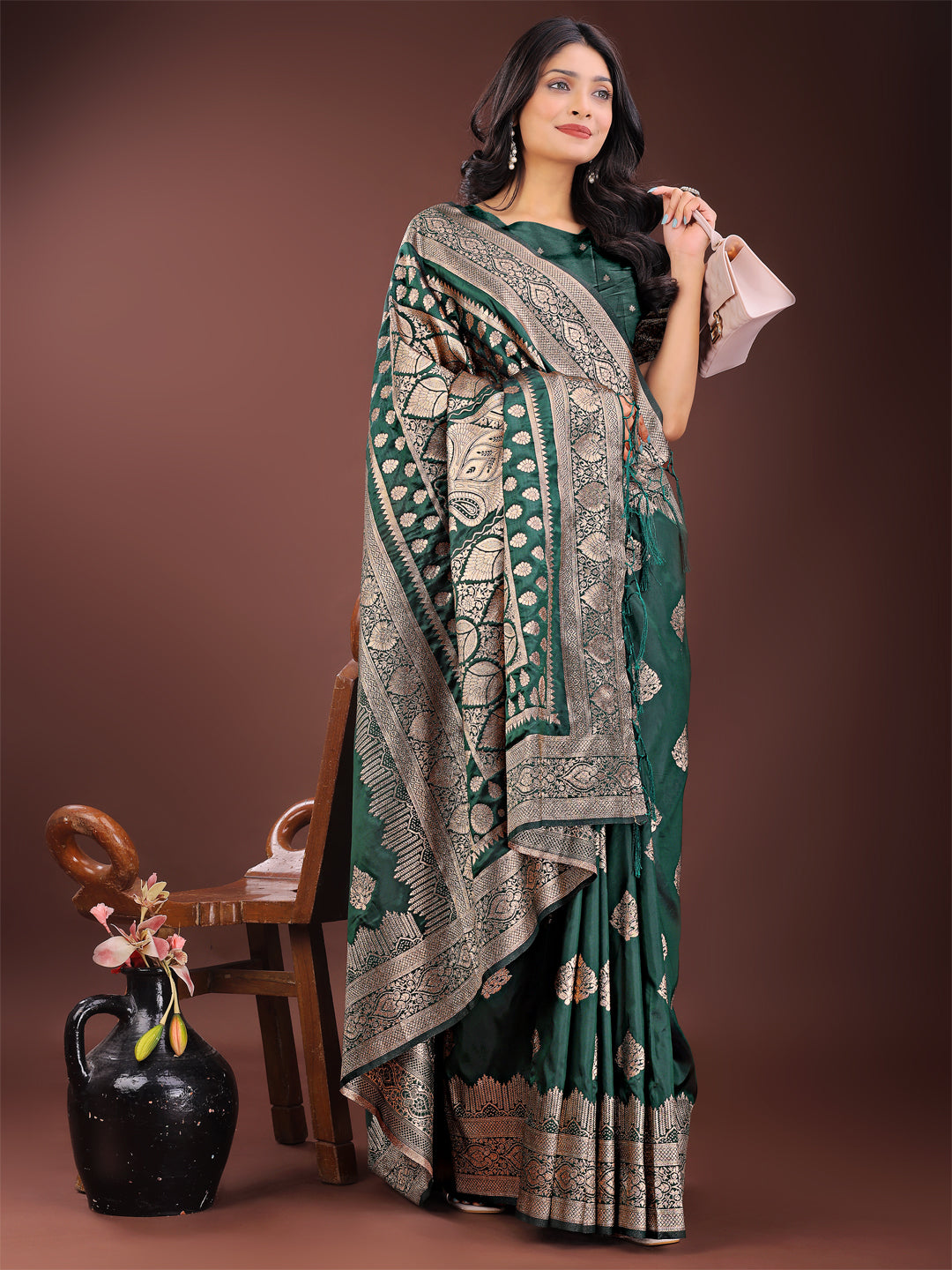 Shree Shyam Fashion Graceful Green Banarasi Silk Saree with Silver Zari - Perfect Ethnic Wear for Weddings & Festive Moments | Grocsy