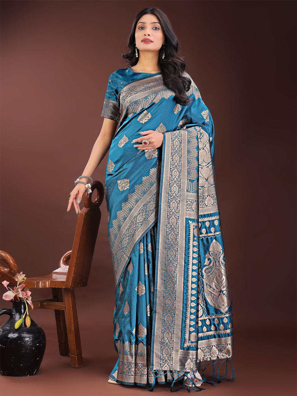 Shree Shyam Fashion Graceful Teal Banarasi Silk Saree with Silver Zari - Perfect Ethnic Wear for Weddings & Festive Moments | Grocsy
