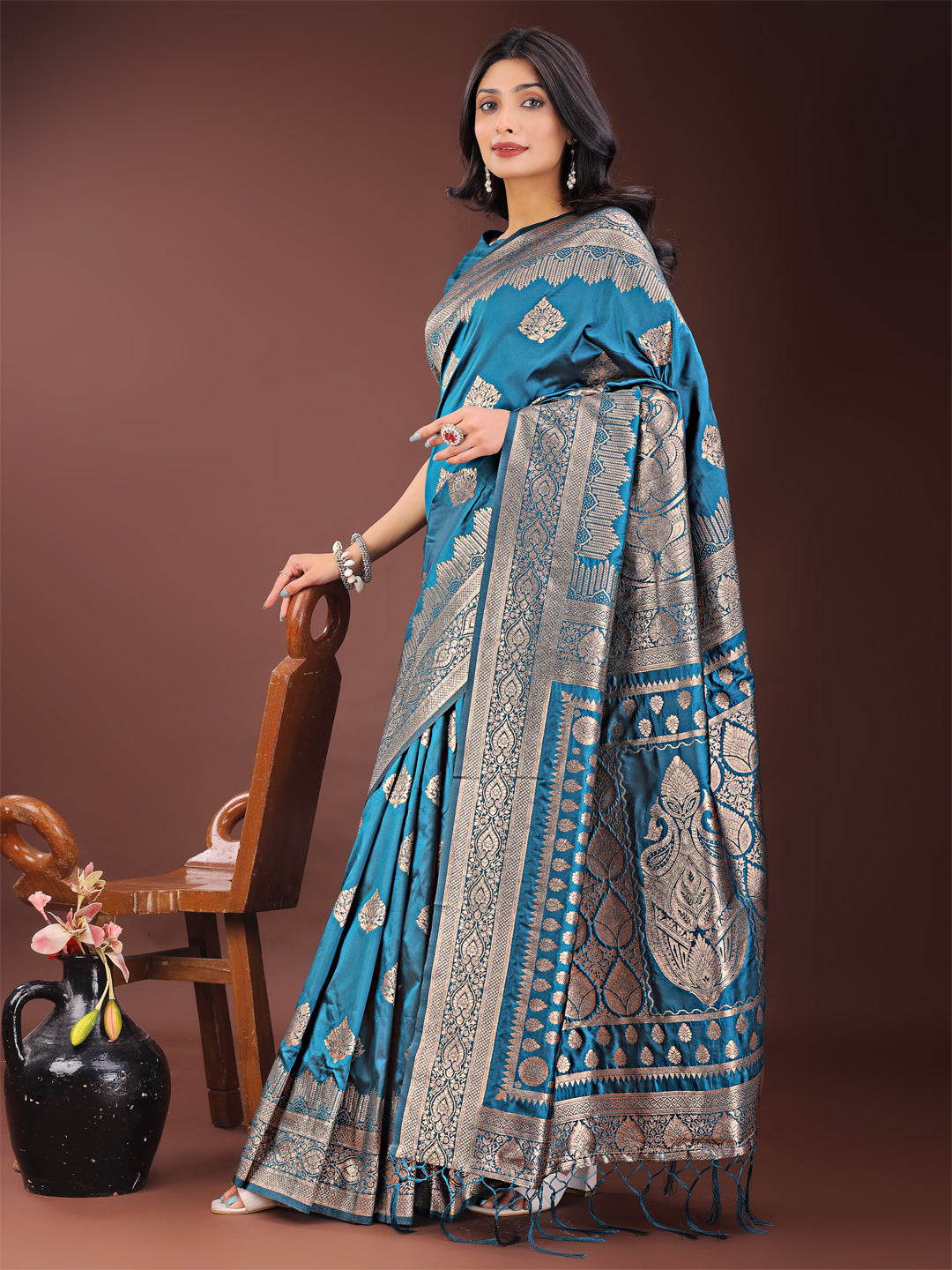 Shree Shyam Fashion Graceful Teal Banarasi Silk Saree with Silver Zari - Perfect Ethnic Wear for Weddings & Festive Moments | Grocsy