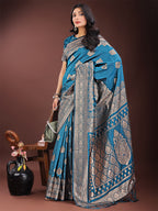 Shree Shyam Fashion Graceful Teal Banarasi Silk Saree with Silver Zari - Perfect Ethnic Wear for Weddings & Festive Moments | Grocsy