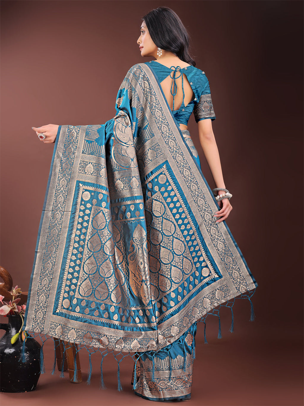Shree Shyam Fashion Graceful Teal Banarasi Silk Saree with Silver Zari - Perfect Ethnic Wear for Weddings & Festive Moments | Grocsy