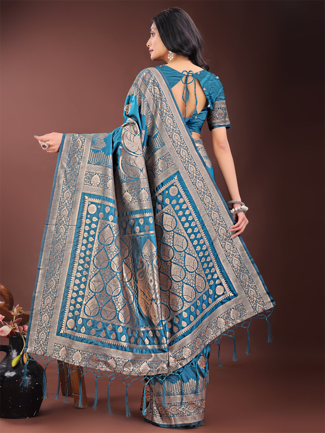 Shree Shyam Fashion Graceful Teal Banarasi Silk Saree with Silver Zari - Perfect Ethnic Wear for Weddings & Festive Moments | Grocsy