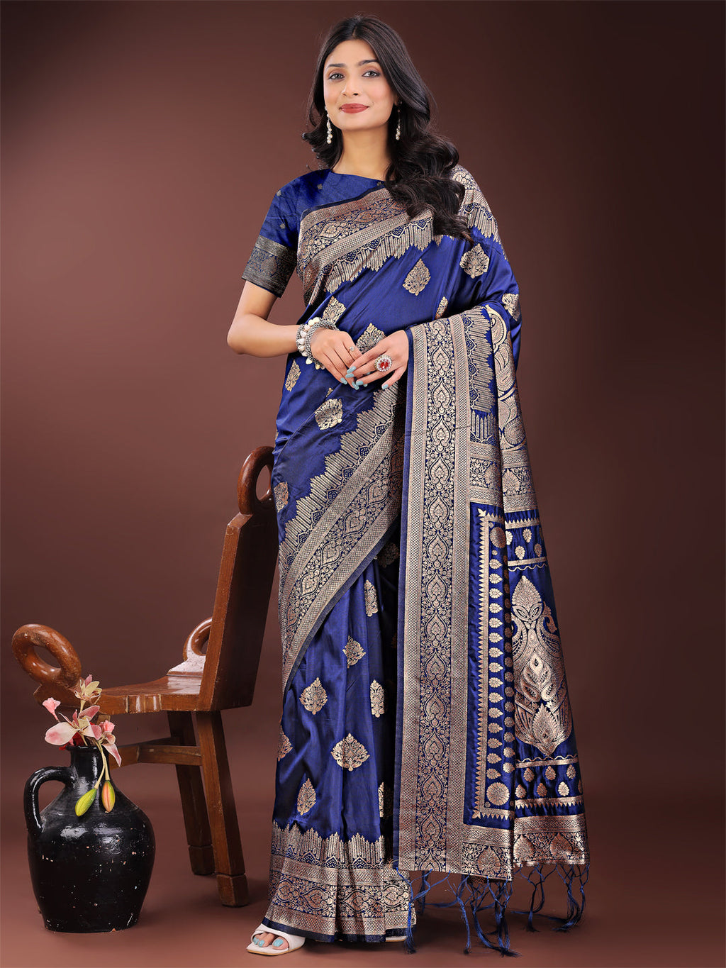 Shree Shyam Fashion Graceful Navy Blue Banarasi Silk Saree with Silver Zari - Perfect Ethnic Wear for Weddings & Festive Moments | Grocsy