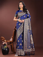 Shree Shyam Fashion Graceful Navy Blue Banarasi Silk Saree with Silver Zari - Perfect Ethnic Wear for Weddings & Festive Moments | Grocsy