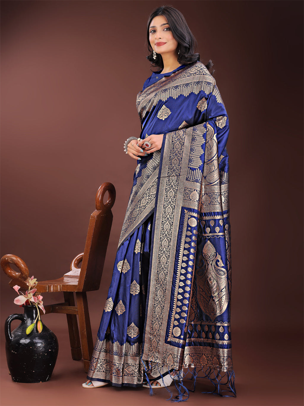 Shree Shyam Fashion Graceful Navy Blue Banarasi Silk Saree with Silver Zari - Perfect Ethnic Wear for Weddings & Festive Moments | Grocsy