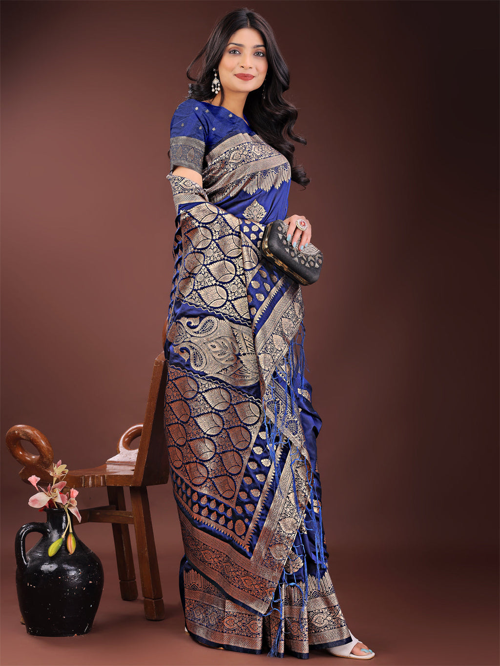 Shree Shyam Fashion Graceful Navy Blue Banarasi Silk Saree with Silver Zari - Perfect Ethnic Wear for Weddings & Festive Moments | Grocsy
