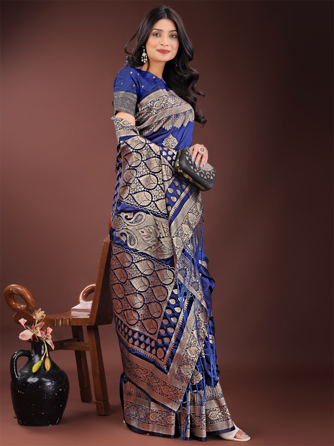 Shree Shyam Fashion Graceful Navy Blue Banarasi Silk Saree with Silver Zari - Perfect Ethnic Wear for Weddings & Festive Moments | Grocsy