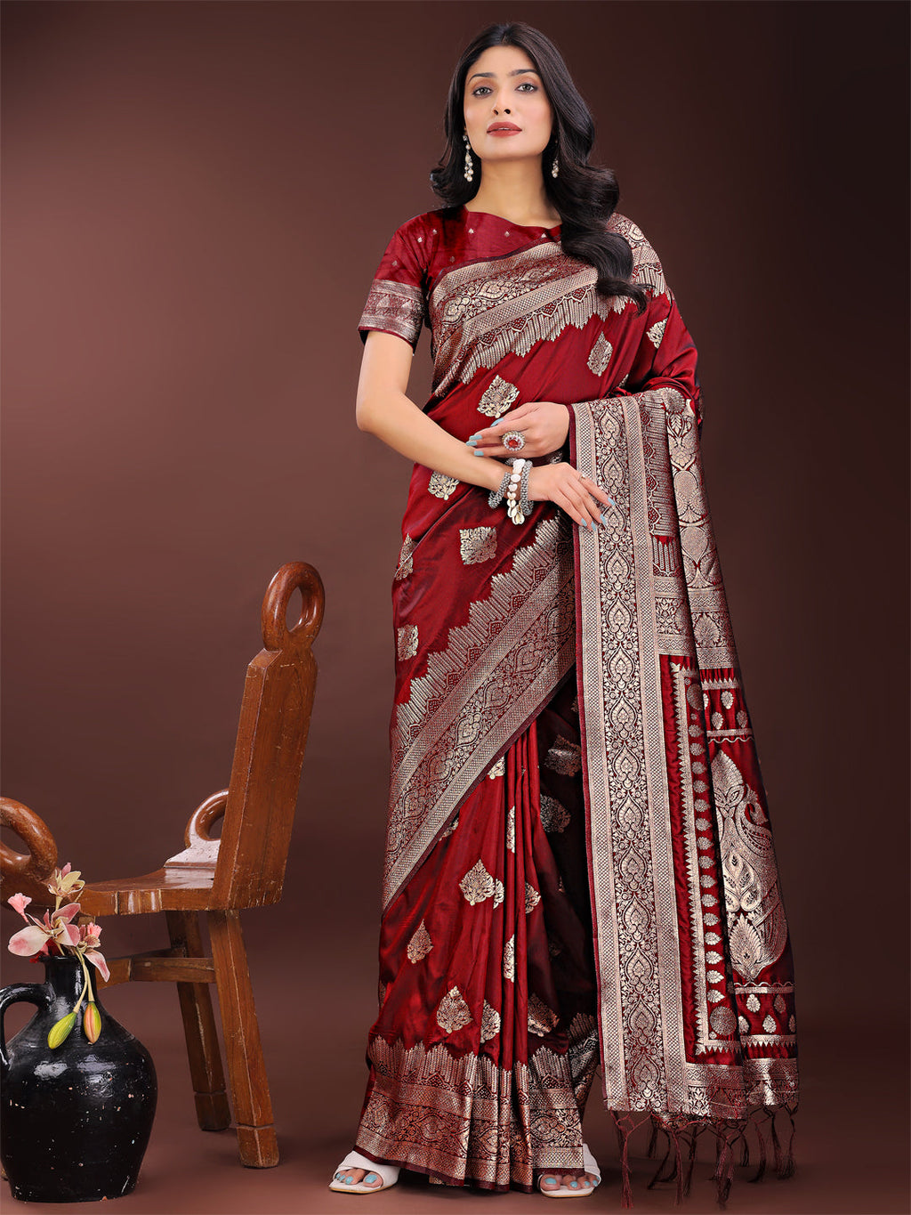 Shree Shyam Fashion Graceful Maroon Banarasi Silk Saree with Silver Zari - Perfect Ethnic Wear for Weddings & Festive Moments | Grocsy