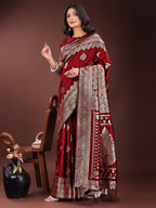 Shree Shyam Fashion Graceful Maroon Banarasi Silk Saree with Silver Zari - Perfect Ethnic Wear for Weddings & Festive Moments | Grocsy